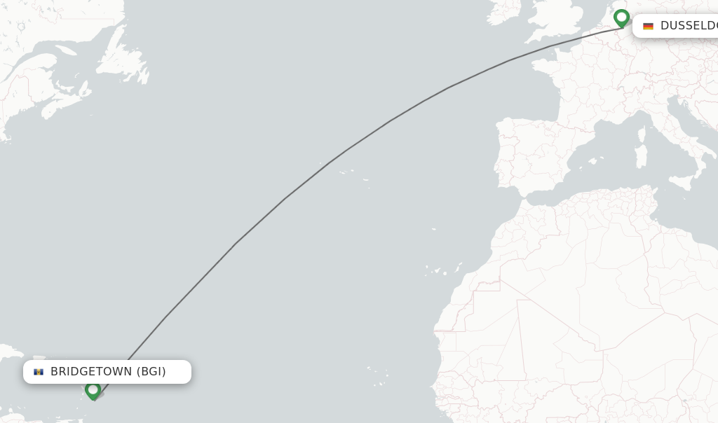 Flights from Bridgetown to Dusseldorf route map