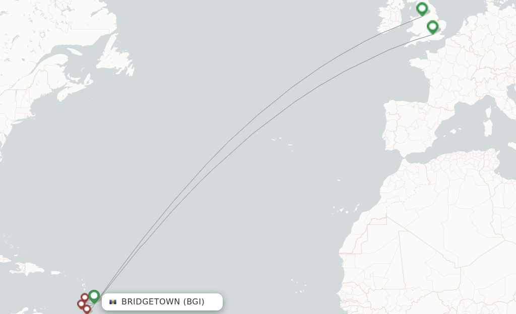 Route map with flights from Bridgetown with Virgin Atlantic