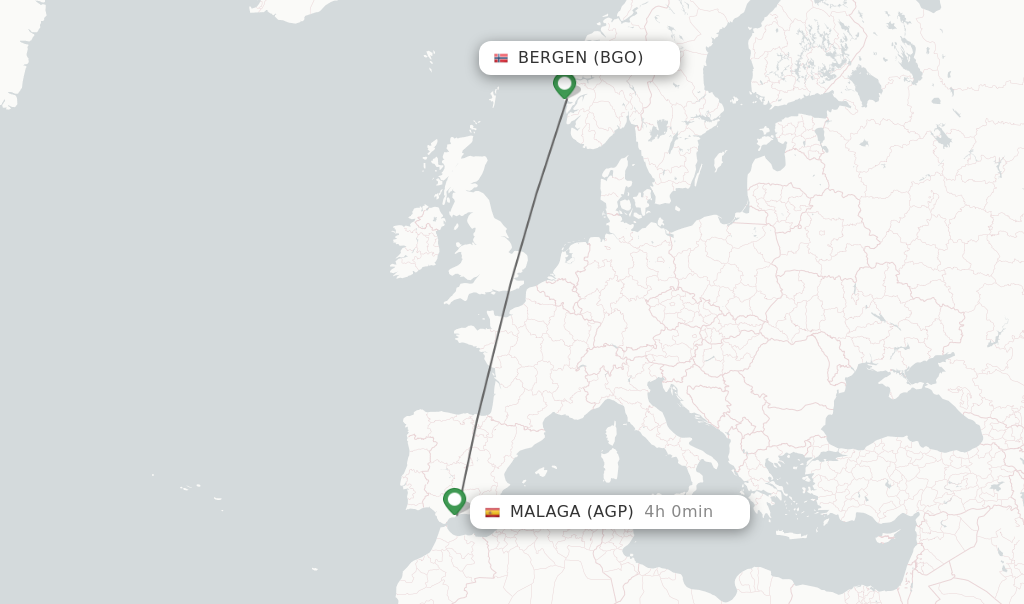 Flights from Bergen to Malaga route map