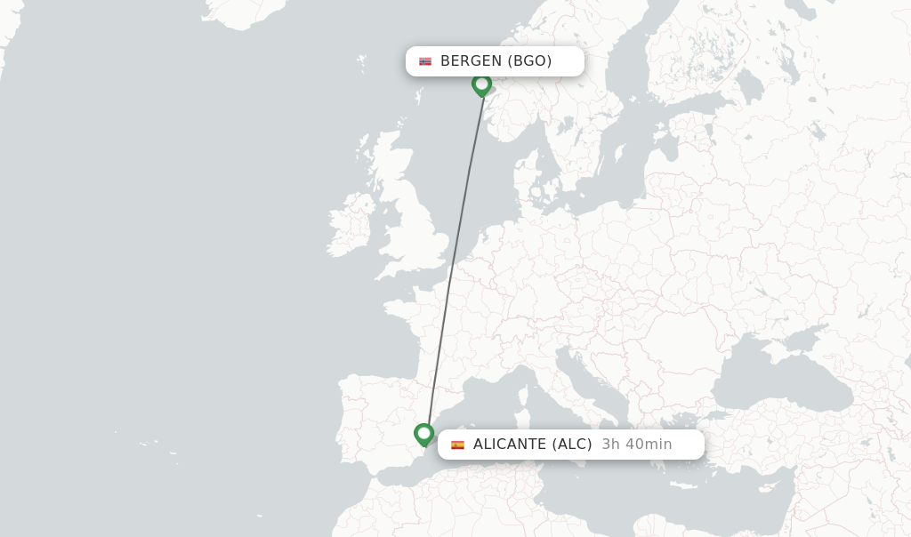 Flights from Bergen to Alicante route map