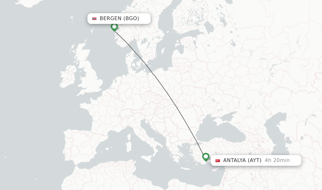 Flights from Bergen to Antalya route map