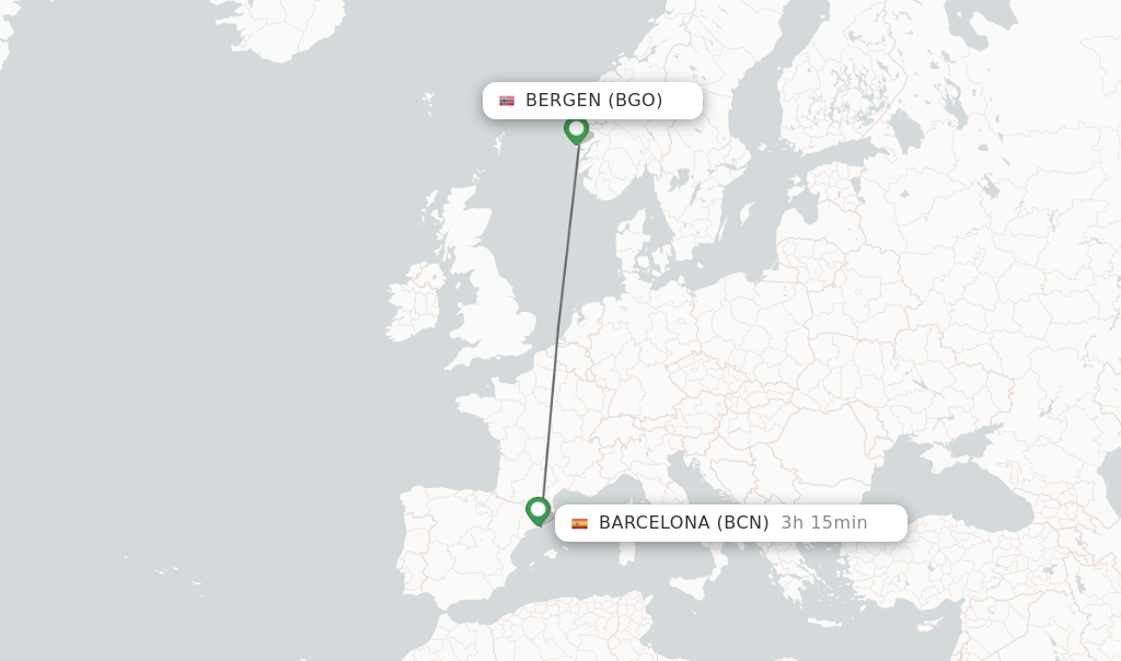 Flights from Bergen to Barcelona route map