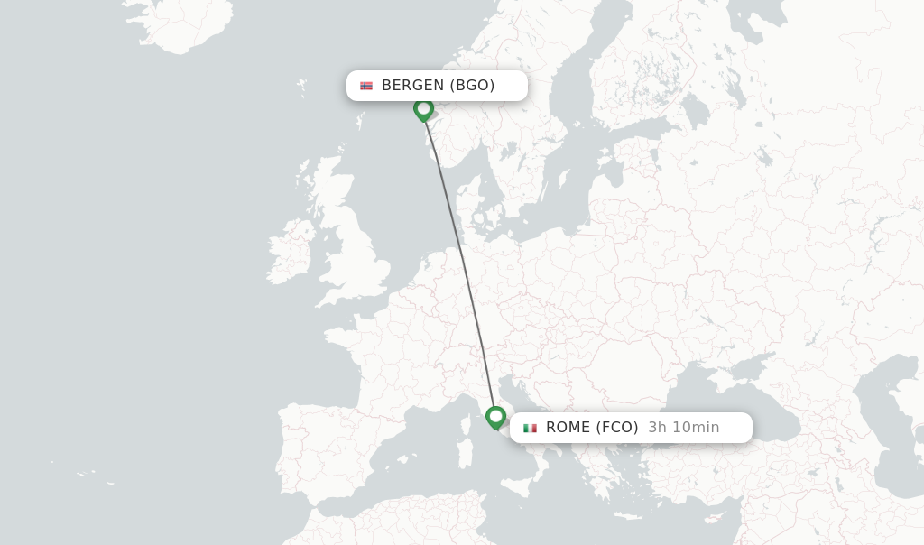 Flights from Bergen to Rome route map