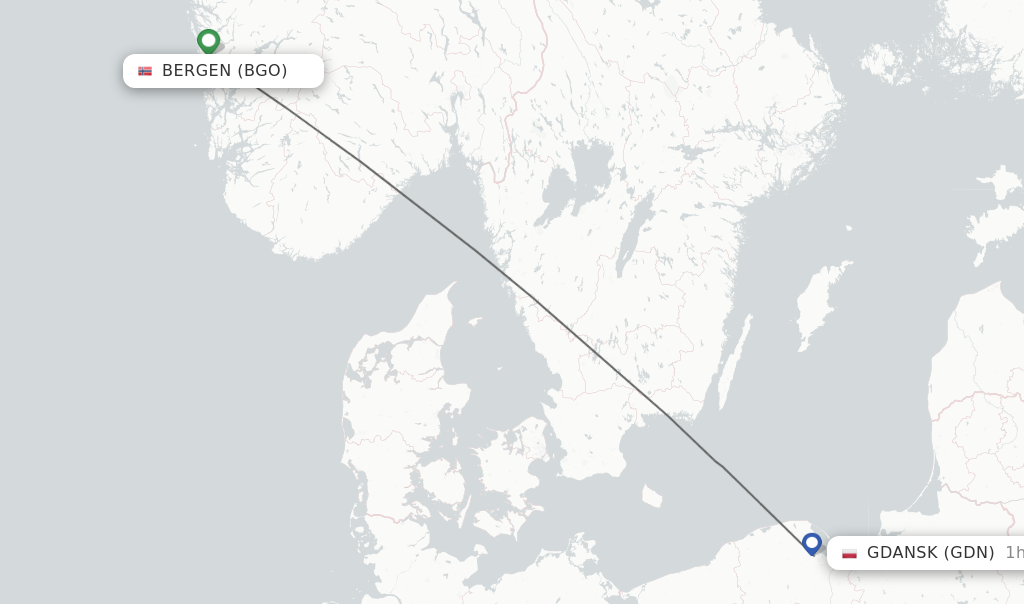 Flights from Bergen to Gdansk route map