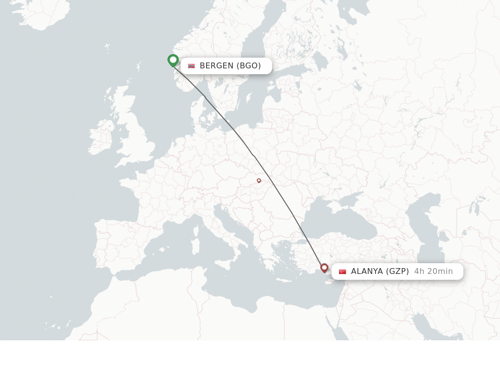 Flights from Bergen to Gazipasa route map