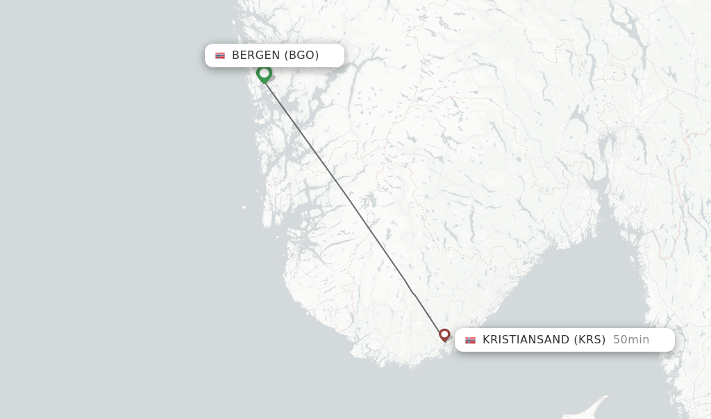 Flights from Bergen to Kristiansand route map