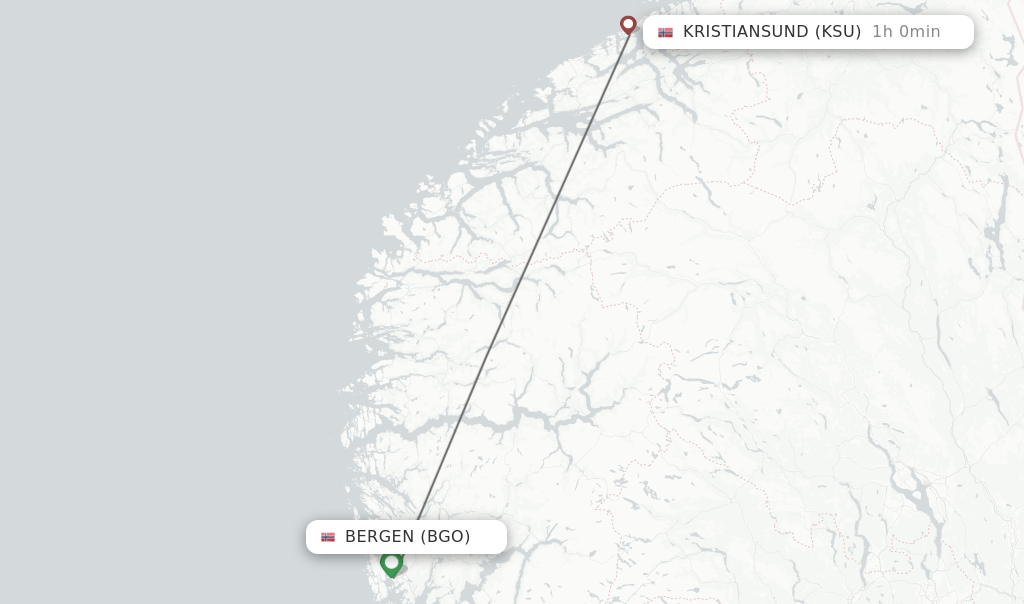 Flights from Bergen to Kristiansund route map