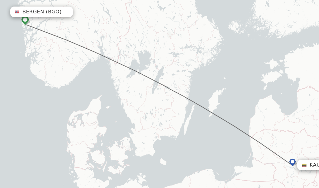 Flights from Bergen to Kaunas route map