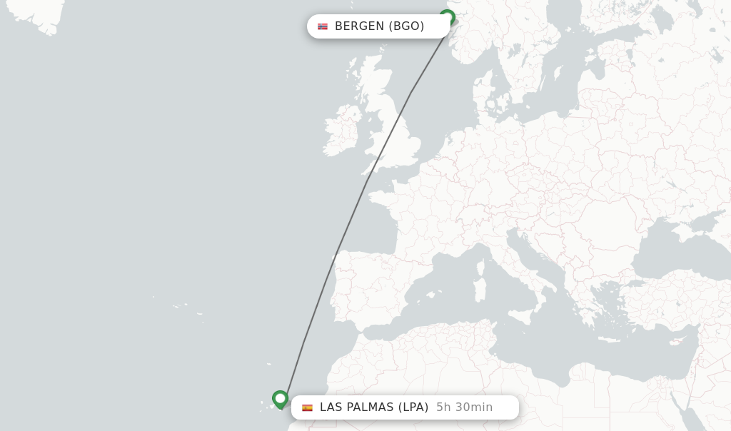 Flights from Bergen to Las Palmas route map