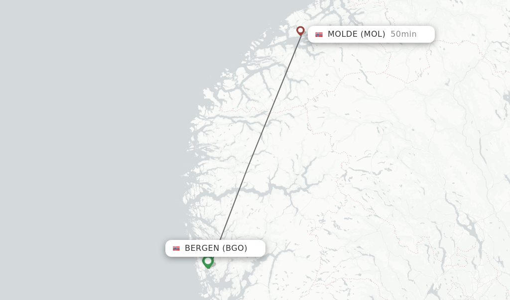 Flights from Bergen to Molde route map
