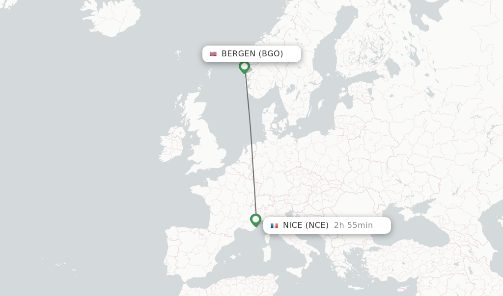 Flights from Bergen to Nice route map
