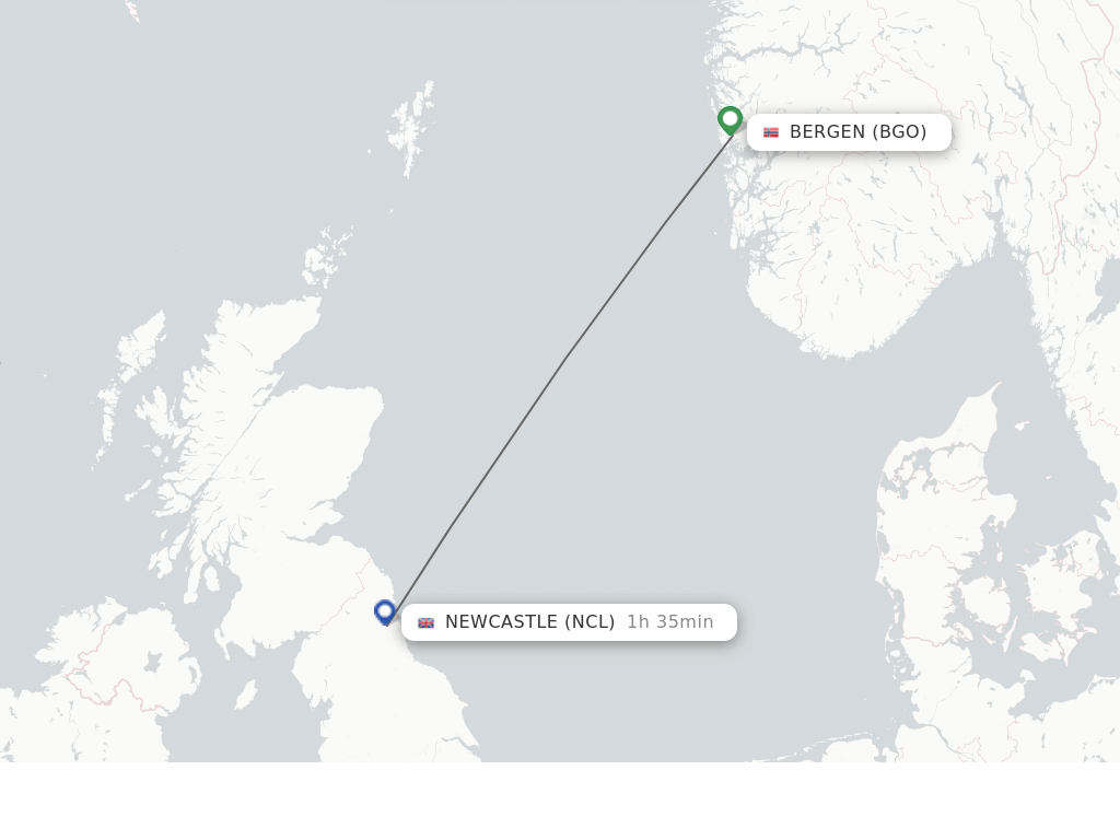 Flights from Bergen to Newcastle route map
