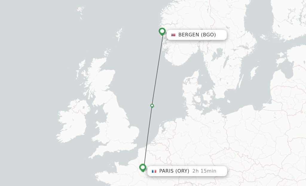 Flights from Bergen to Paris route map