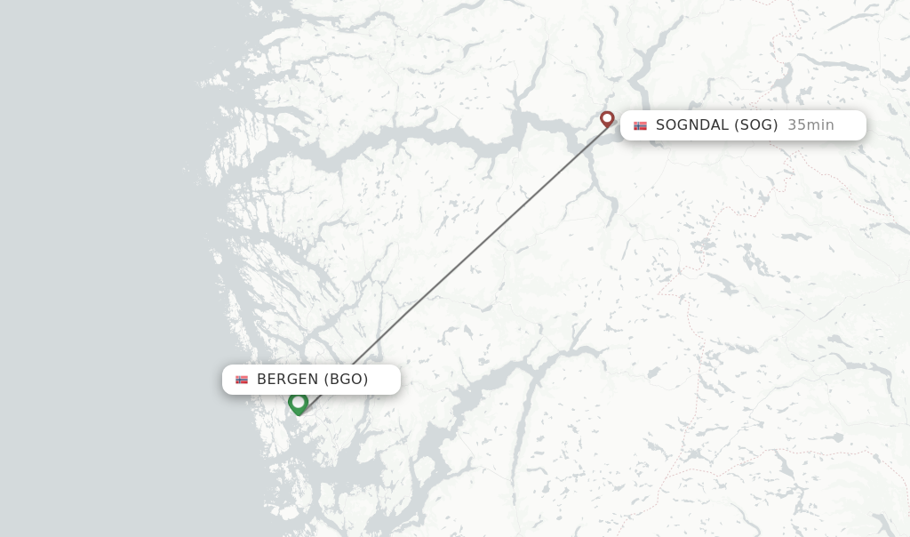 Flights from Bergen to Sogndal route map