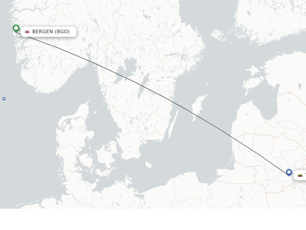 Flights from Bergen to Vilnius route map