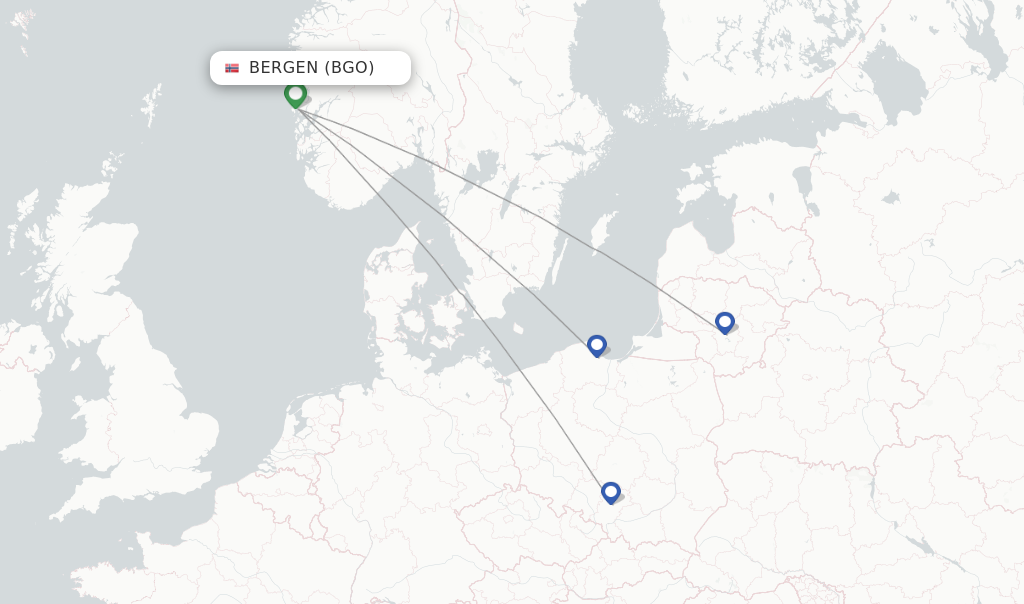 Route map with flights from Bergen with Wizz Air