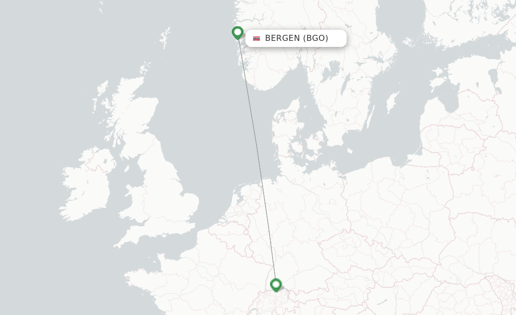 Route map with flights from Bergen with Edelweiss