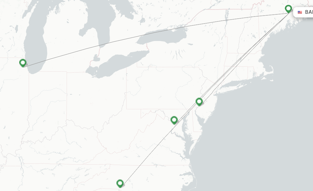 Route map with flights from Bangor with American Airlines