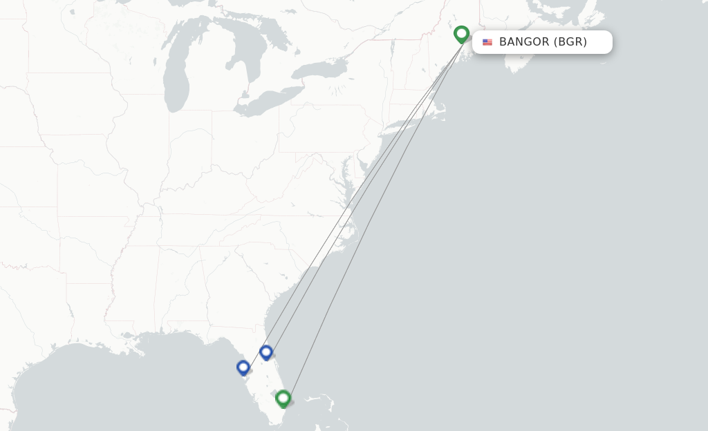 Route map with flights from Bangor with Allegiant Air