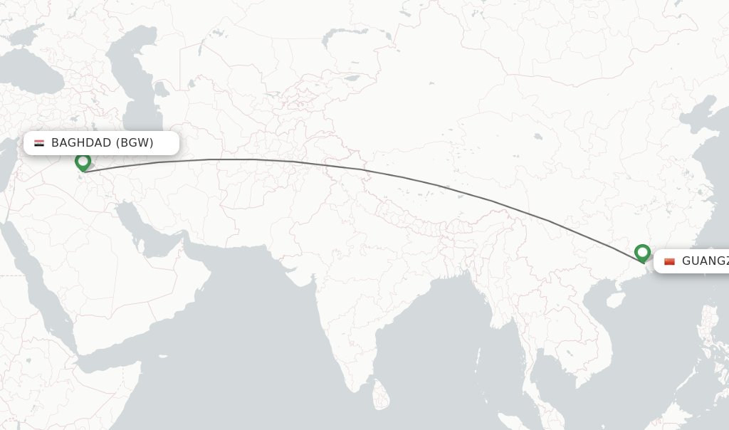 Flights from Baghdad to Guangzhou route map
