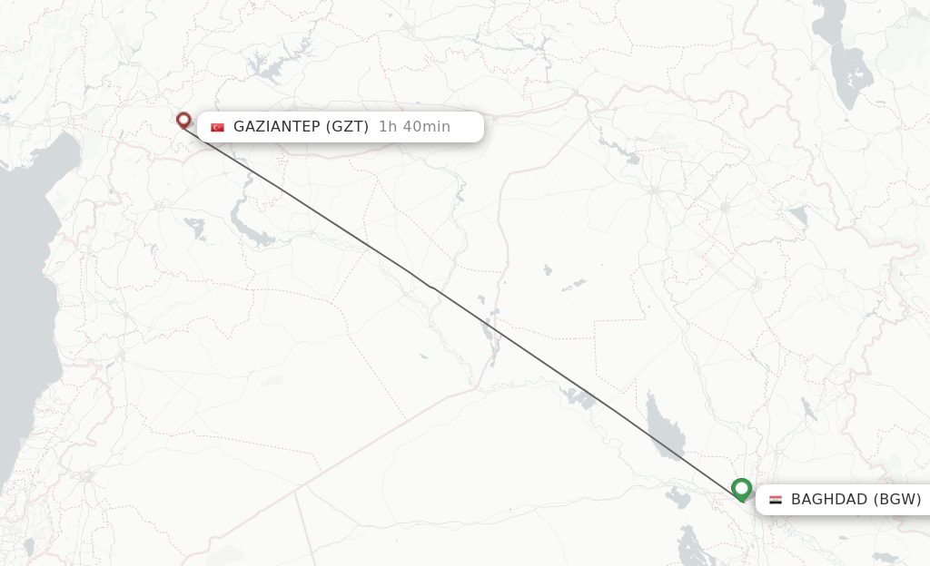 Flights from Baghdad to Gaziantep route map