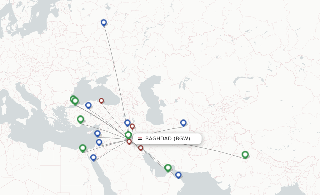 Route map with flights from Baghdad with Iraqi Airways