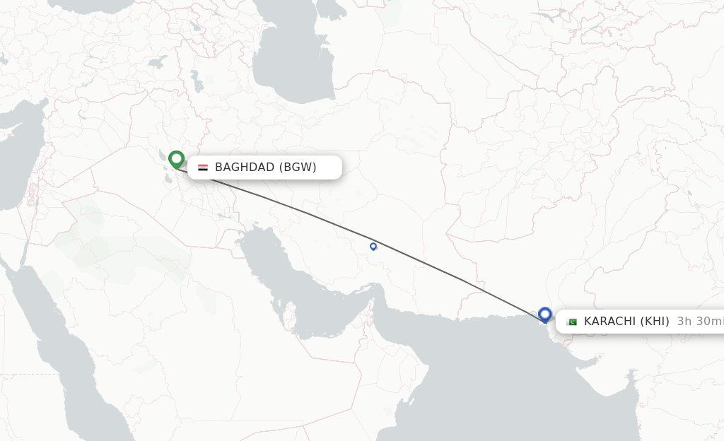 Flights from Baghdad to Karachi route map