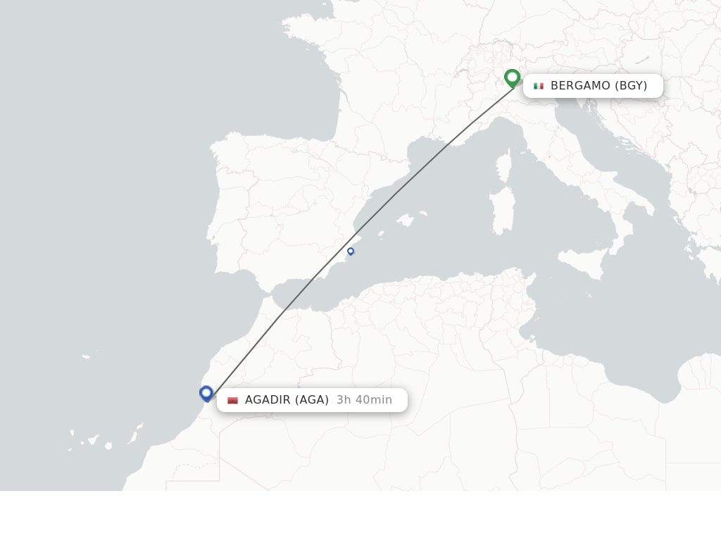 Flights from Milan to Agadir route map