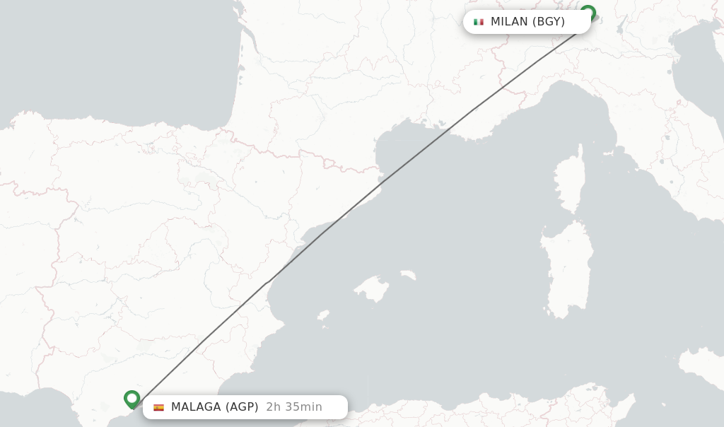Flights from Milan to Malaga route map