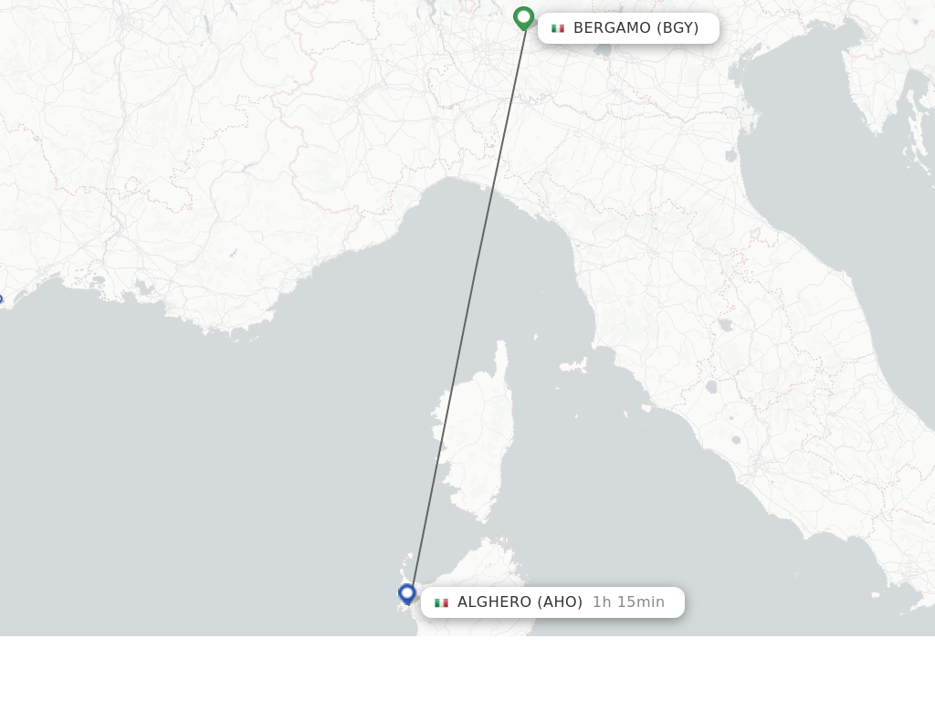 Flights from Bergamo to Alghero route map
