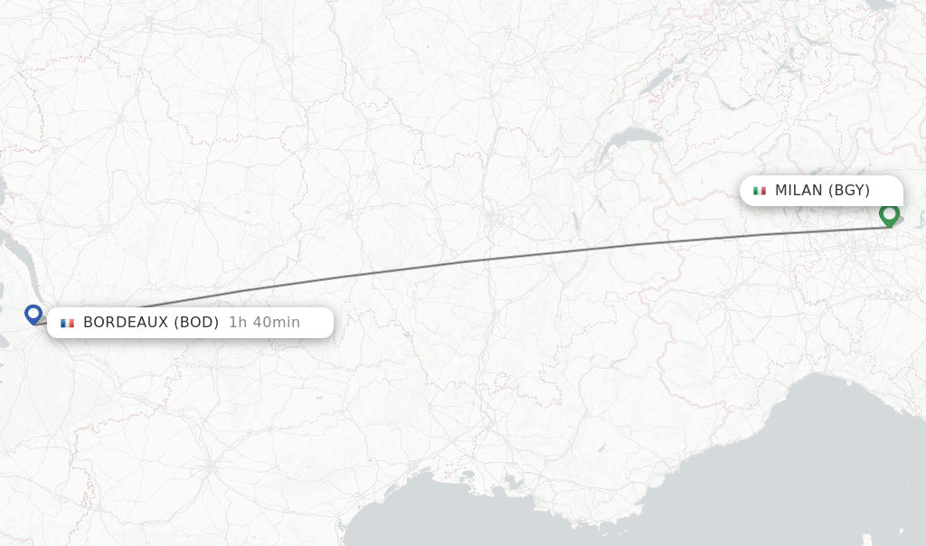Flights from Milan to Bordeaux route map