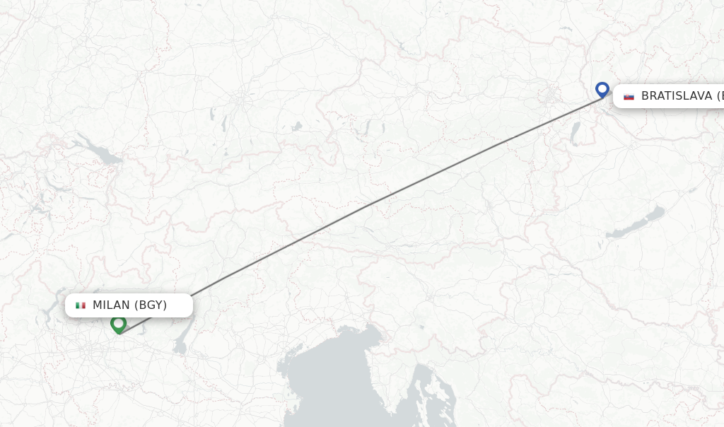 Flights from Milan to Bratislava route map