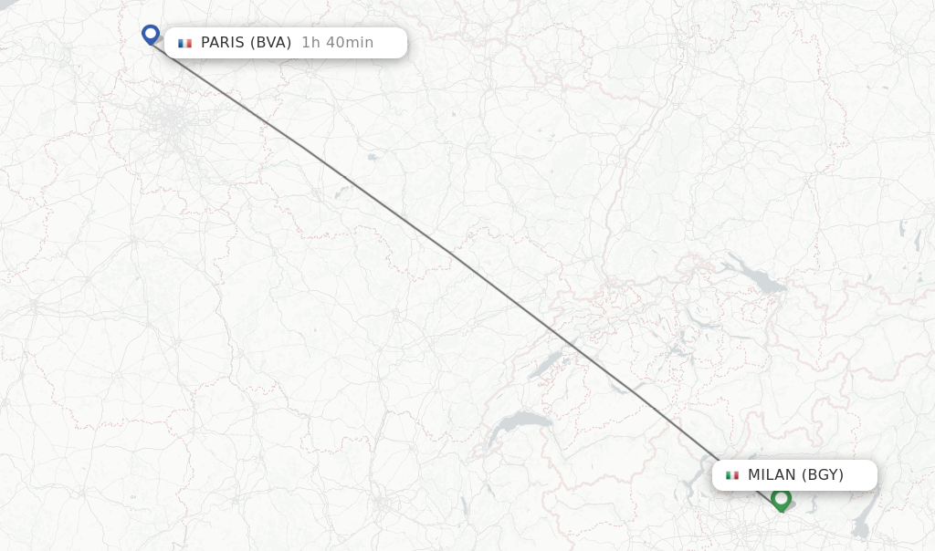 Flights from Milan to Paris route map