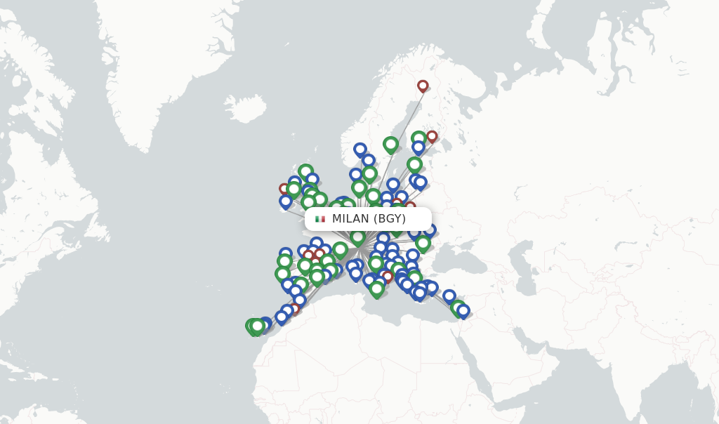 Route map with flights from Milan with Ryanair