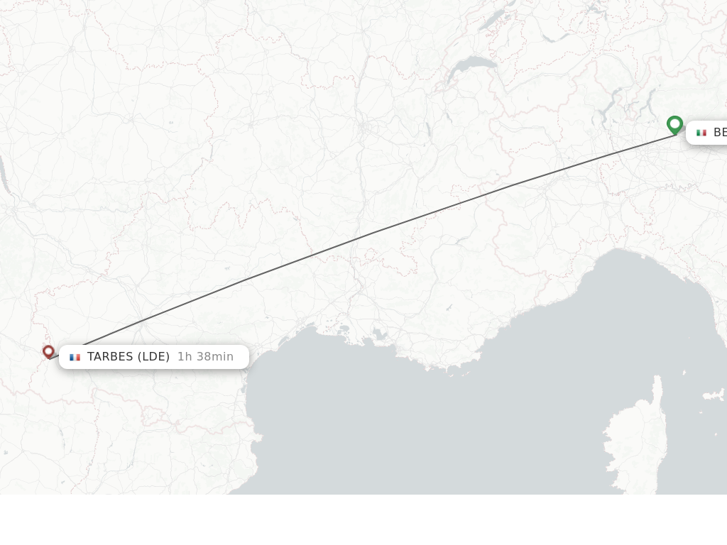 Flights from Milan to Lourdes route map
