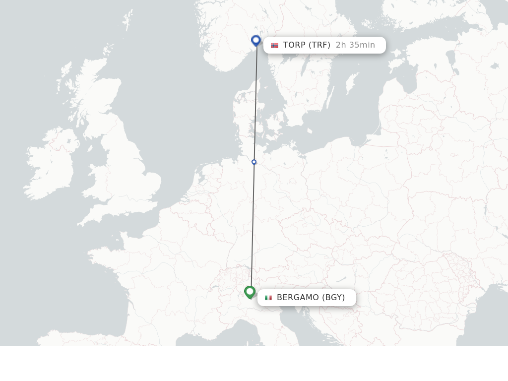 Flights from Torp to Bergamo route map