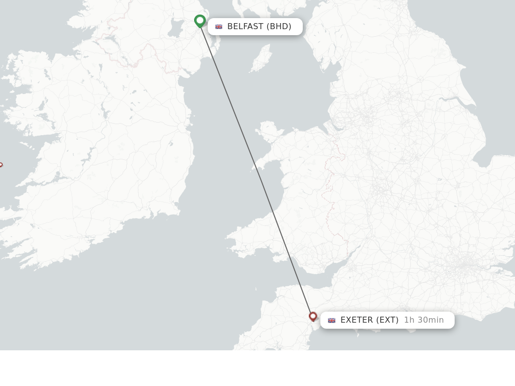 Flights from Belfast to Exeter route map