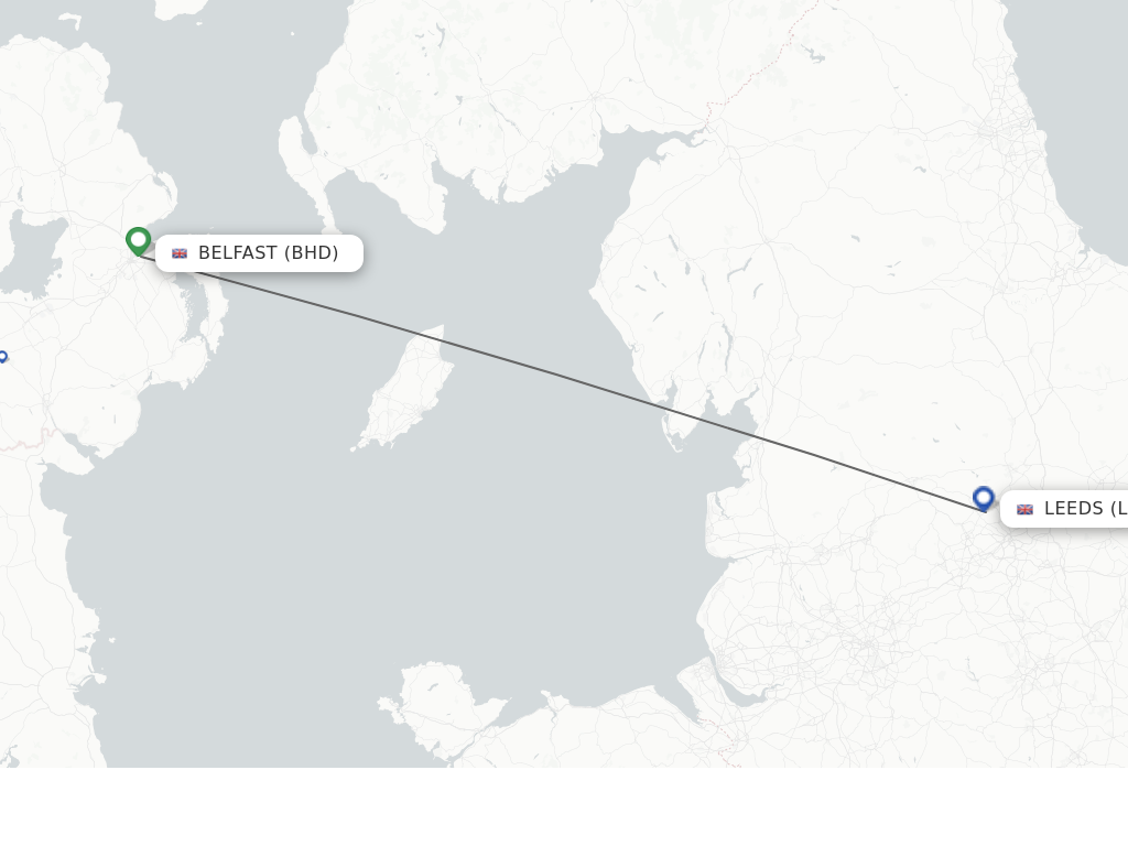 Flights from Belfast to Leeds route map