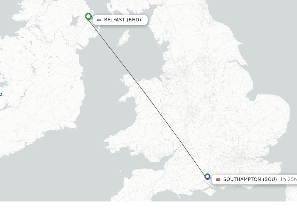 Flights from Belfast to Southampton route map