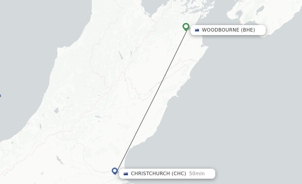 Flights from Blenheim to Christchurch route map