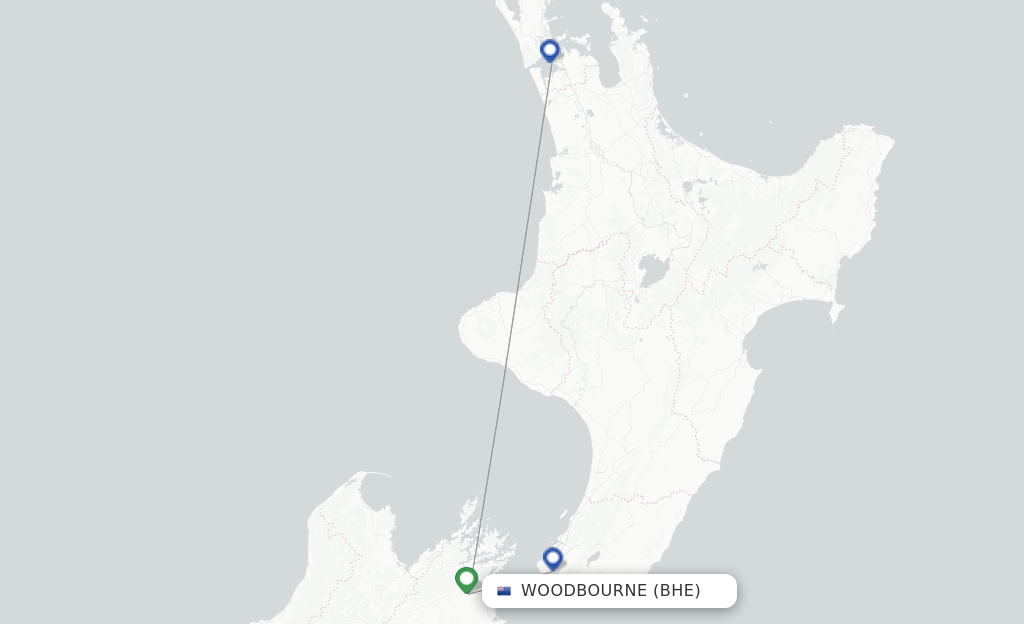 Route map with flights from Blenheim with Air New Zealand