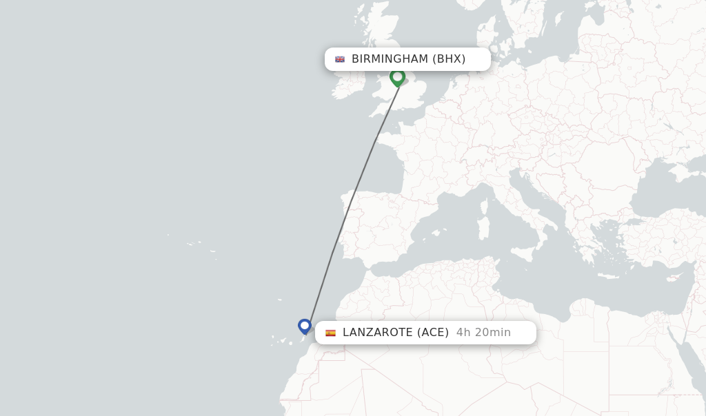 Flights from Birmingham to Lanzarote route map