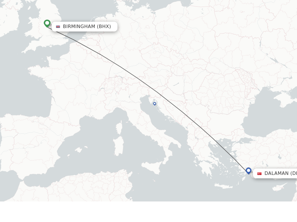 Flights from Birmingham to Dalaman route map