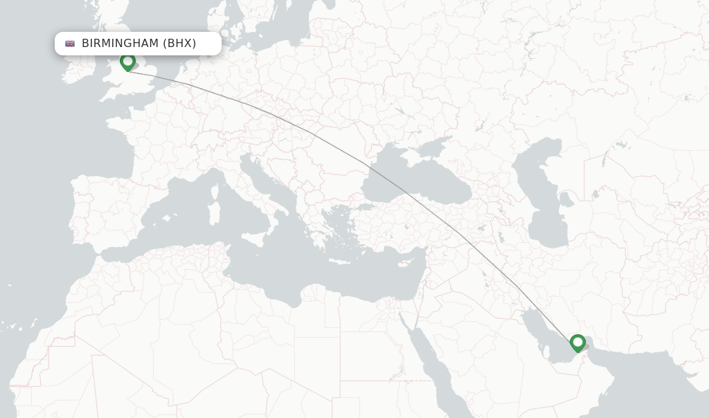 Route map with flights from Birmingham with Emirates