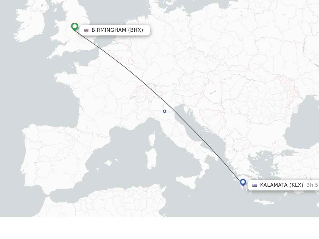 Flights from Birmingham to Kalamata route map
