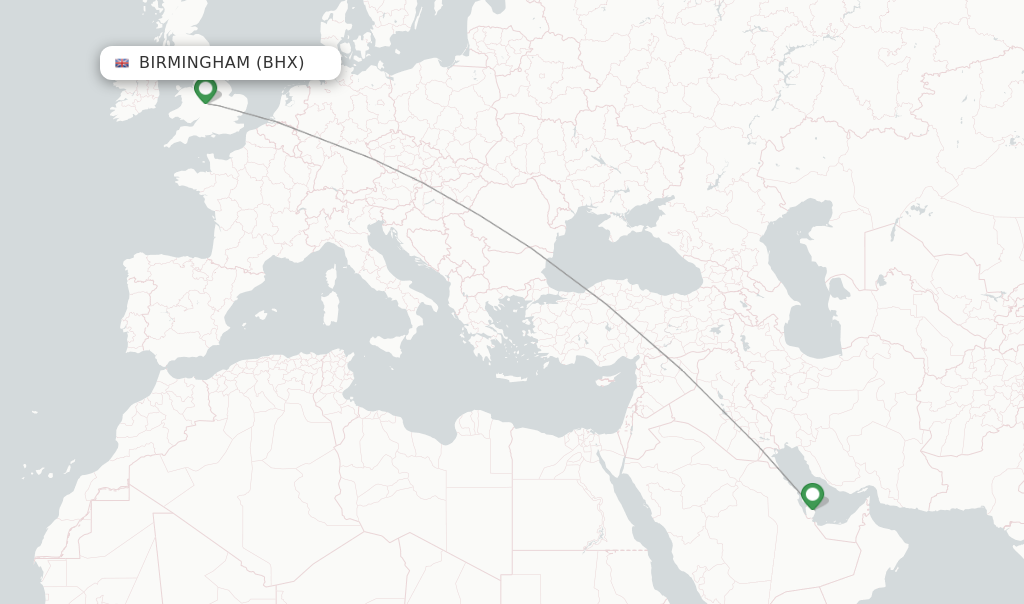 Route map with flights from Birmingham with Qatar Airways