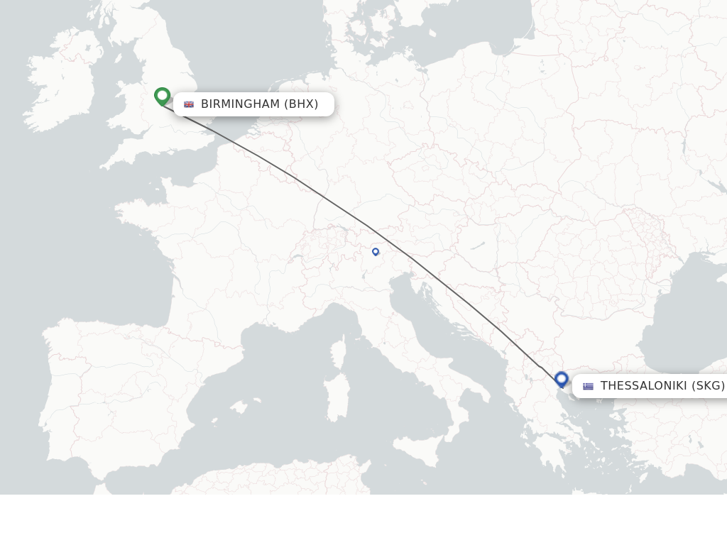 Flights from Birmingham to Thessaloniki route map