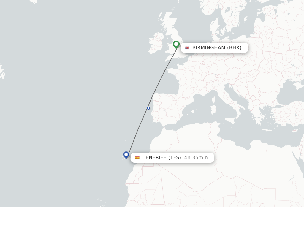 Flights from Birmingham to Tenerife route map