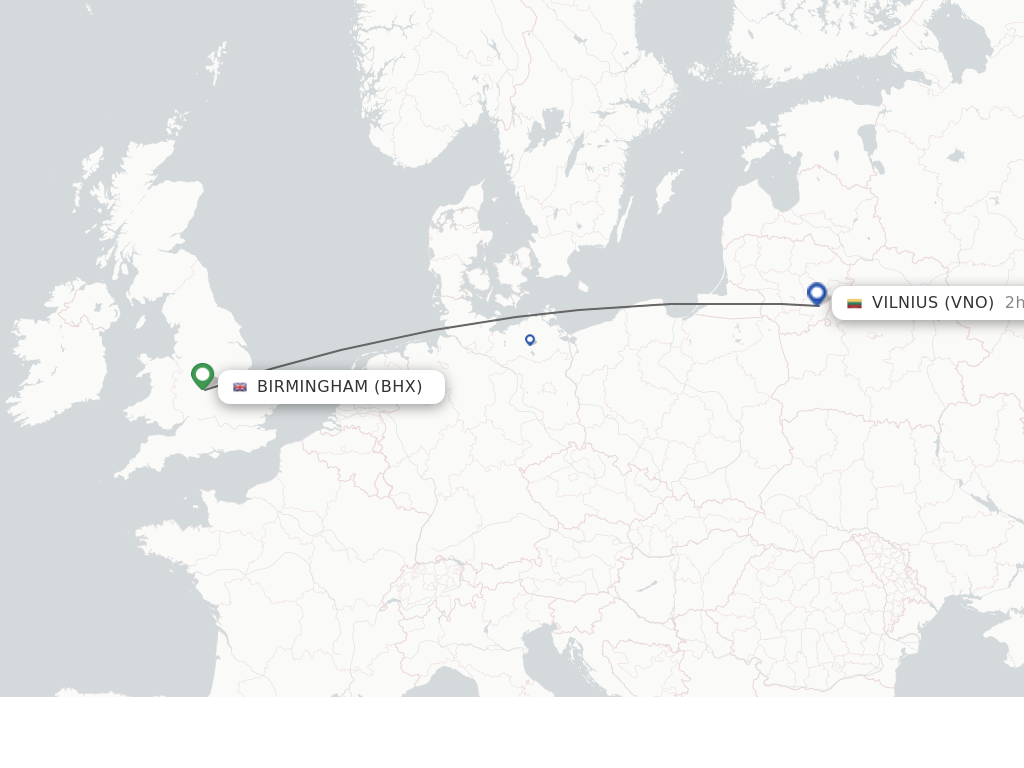 Flights from Birmingham to Vilnius route map