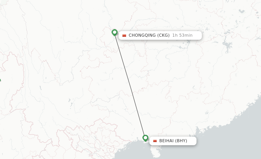 Flights from Beihai to Chongqing route map